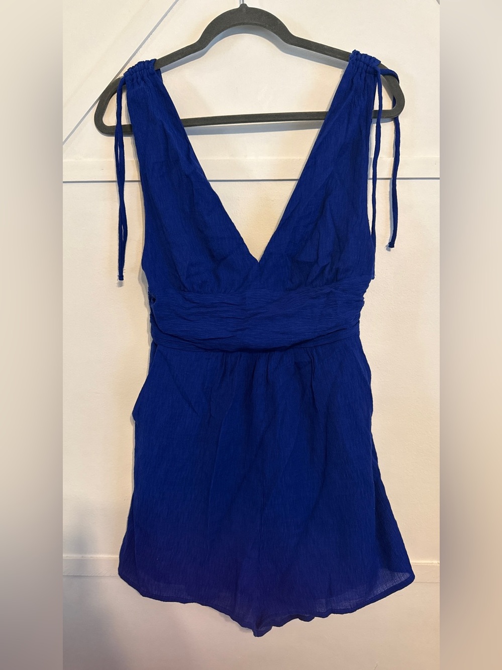 Blue V-Neck Tie-Shoulder Romper